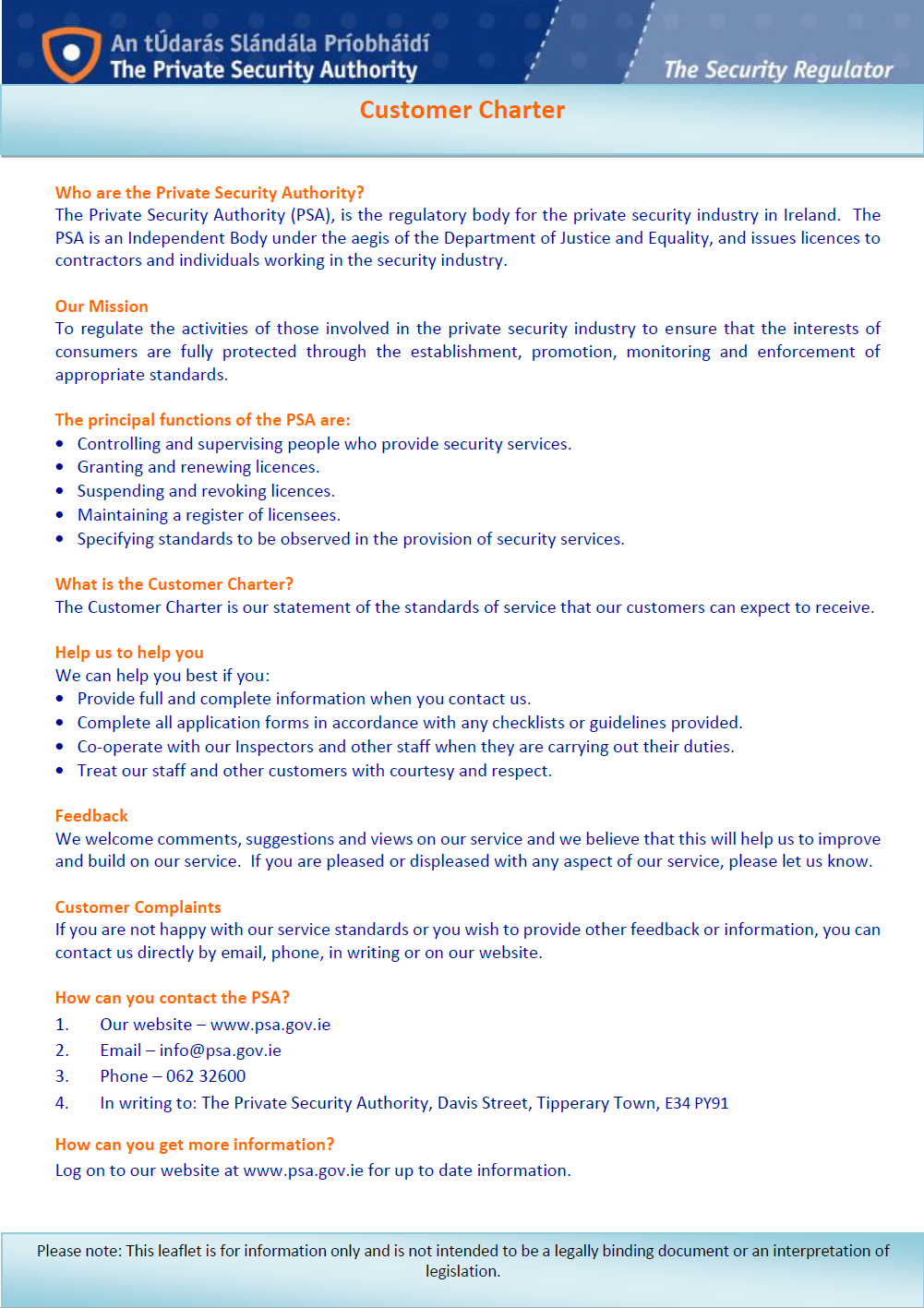 PSA Customer Service Charter The Private Security Authority